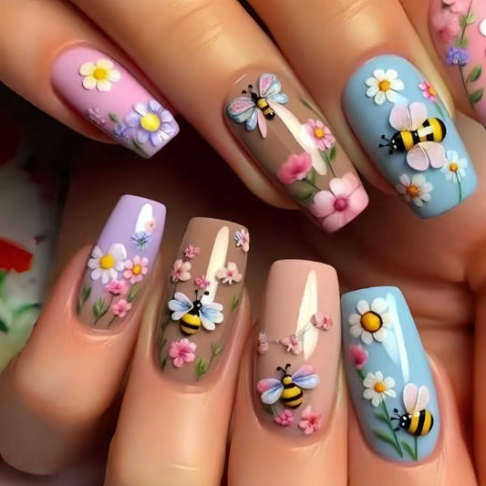 24pcs Wearable Press on Nails Mid-length Ballet Nails Tips Flower Colorful Design False Nail Set Finished Fake Nail Art Manicure