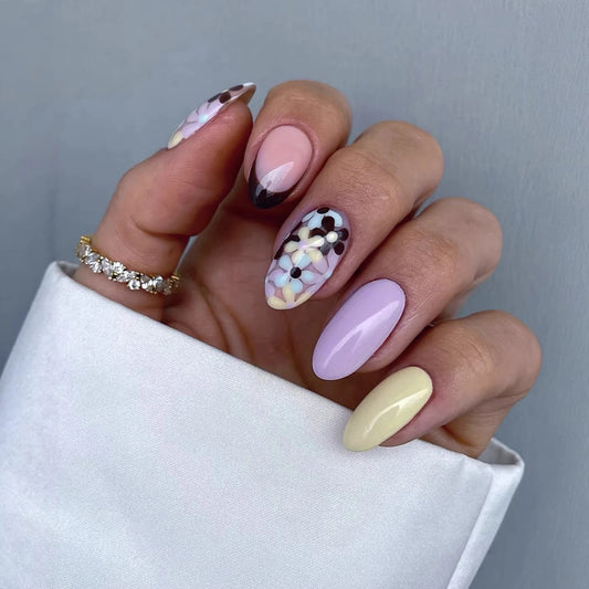 24pcs Flower Pattern Press-On Nails Spring Summer Colorful Round Head False Nail Tips Sweet Cool Style Fake Nail Patches