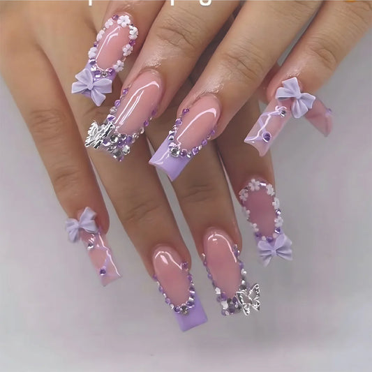 24pcs Long Coffin Ballet False Nails Purple French Style Cute Bowknots Butterfly Rhinestone Press On Nails Wearable Fake Nail