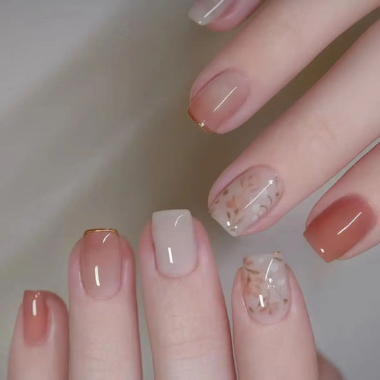24Pcs Glossy Flower Design Short Gradient Ballet Manicure French Square Sweet Girl Spring Wearable False Nails Fashion Nail Tips
