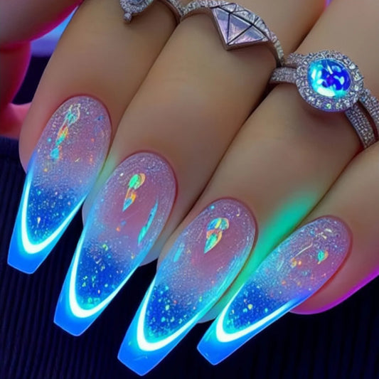 Medium long fake nails for women gradient purple blue strip grid print french ballet shape full cover press on acrylic nail art