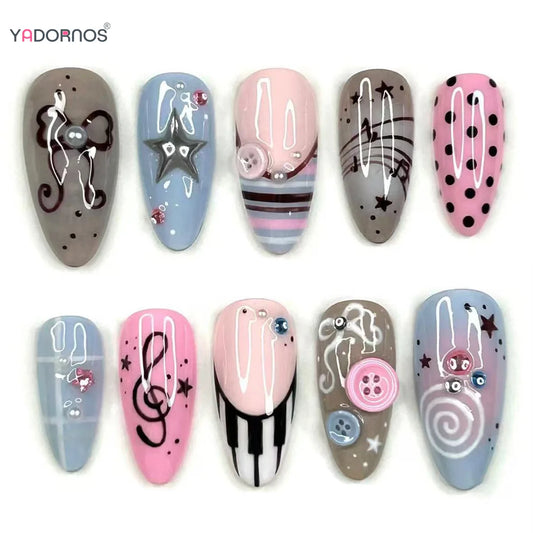 30pcs Y2k Sweet Girls False Nails Pink Blue Stripe French Style Almond Fake Nails Button Bows Musical Notes Design Press On Nail