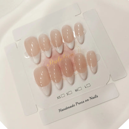 10pcs Handmade Press on Nail Art Classic French Almond Cat-Eye Nude Full-Coverage Nail Tips Detachable Wearable Nail for Women