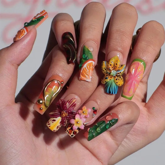 24Pcs Long Coffin Press on Nails 3D Tropical Flowers Fake Nails Leopard Print Rhinestone Acrylic Nails for Women Summer Manicure
