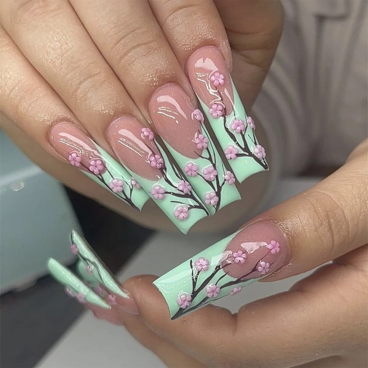 24Pcs Long Square Head Press on False Nails French Colorful 3D Flower Butterfly Design Fake Nail Reusable Full Cover Nails Tips