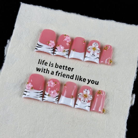 10pcs high-end Gentle lady style, hand-painted zebra pattern, three-dimensional embossed design, tiny glittering gold beads hand
