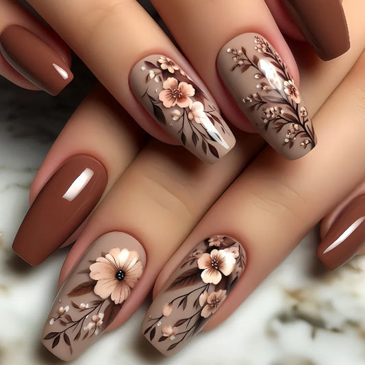 24pcs Wearable Brown Ballet Press on Nails Art Mid-length Coffin False Nail Flower Design Nails Sets Fashion Square Fake Nail