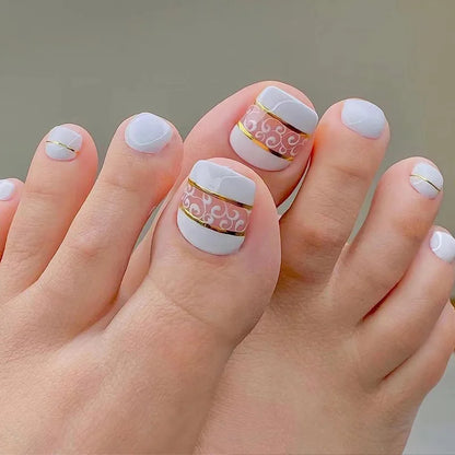 Flow Chocolate Design Artificial Toenails Glossy Fashion Toe Fake Nails with Glue Wearable Short Flat Shape Fake Toenails