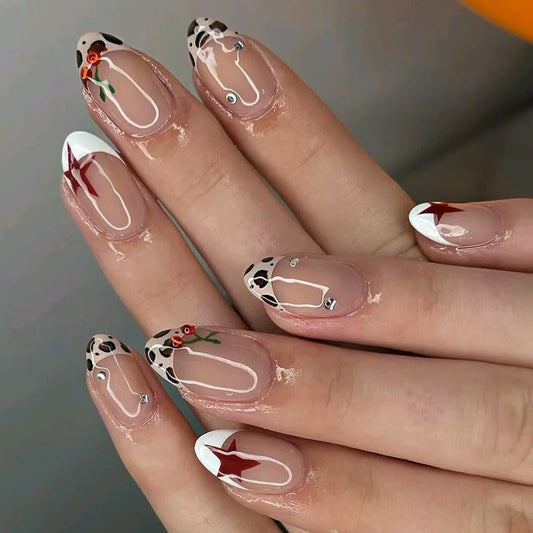 24Pcs Leopard Print French Press on False Nails Short Almond Full Cover Nails Tips with 3D Pink Bow Reusable Finished Fake Nails
