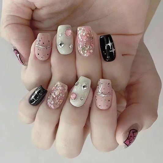24pcs Short Ballet False Nails Sets Press on Wearable Rhinestone Design Pink Fake Nails Tips Starlight Square Press on Nails Art