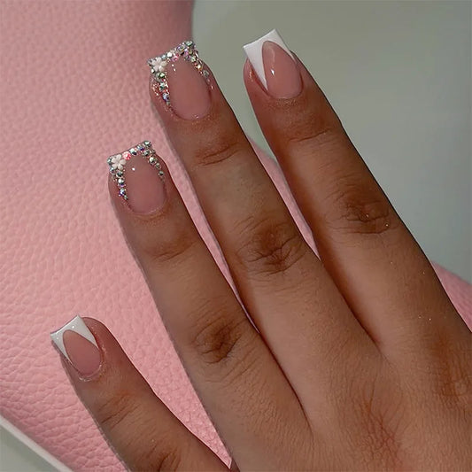 24Pcs Short Square Head False Nails French 3D Flower Wearable Full Cover Nails Tips Rhinestone Edge Finished Press on Fake Nails