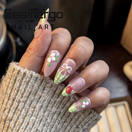 24PCS Pink Green Almond Fake Nails 3D Flower Apple Leaf Pearl Bow Decor Press on Nails Fruit Floral Style Reusable False Nails