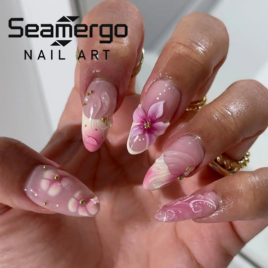 24PCS Press on Nails Pink 3D Pink Flower Marble Wave Print with Gold Bead Fake Nails Elegant Romantic Style Reusable False Nails