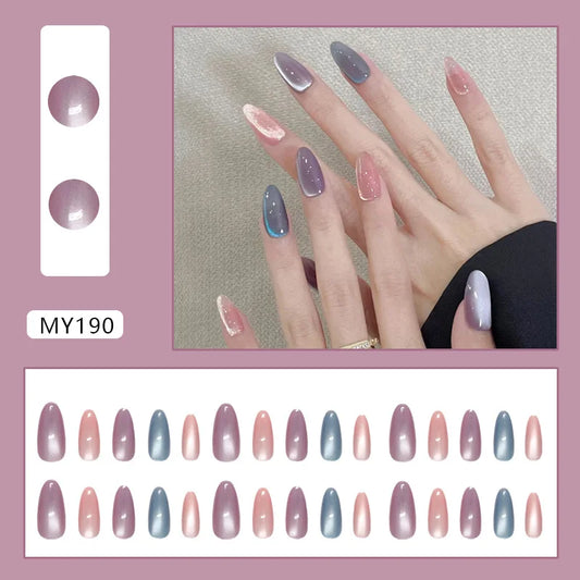 24pcs Rainbow Glass Beads Press On Nails Flash Colorful Cat's Eye Sweet Almond False Nails Spring Summer Clear Fake Nail Wearabl