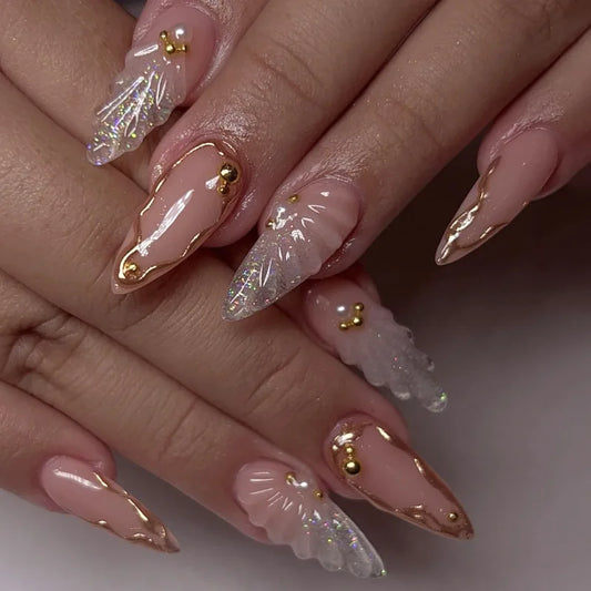 24pcs Long Almond False Nails Press on Fashion Seashell Pearl Nails Art Datachable Shiny Powder Design Stiletto Fake Nail Tips