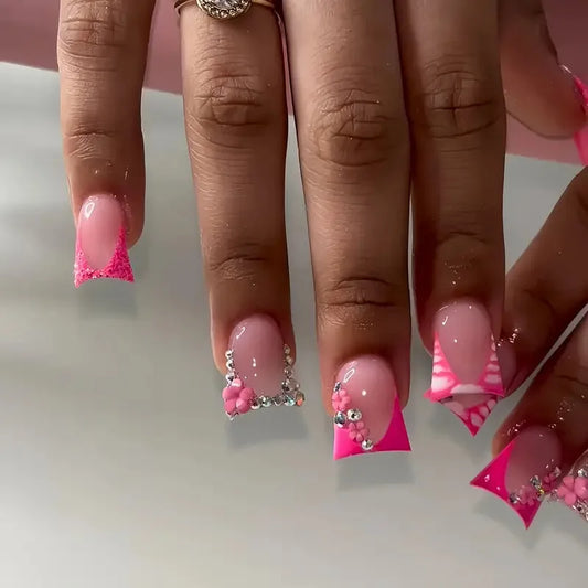 24Pcs Mid-length Duckbill Fake Nail 3D Flower Rhinestone Press on Nails Pink French False Nails Detachable Full Cover Nails Tips