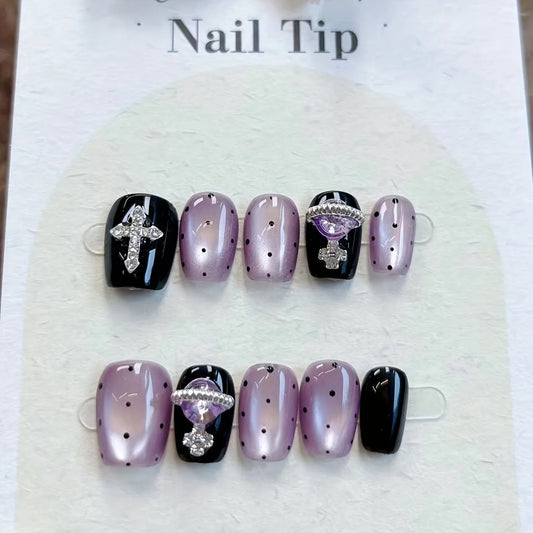 10pcs high-end Dark cat's eye speckled with diamonds handmade fake nails, Dark Girl Cool Wax Love Heart Short Nail patch for wom