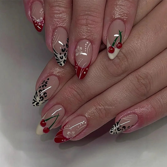 24pcs Red Full Cover Nail Tips with Flower Pearl Design Short Almond Fake Nails Art Wearable French Design Press on False Nails