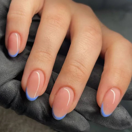 24pcs Wearable Fake Nails Tips Simple Blue French Short Almond Press on Nails Sets Nude Color Oval False Nail Finished Manicure