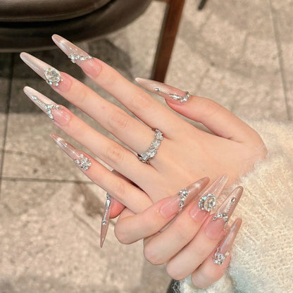 10pcs Long Ballerina Almond False Nail Tips Handmade Glossy Pink Cat's Eye Press On Nails Sweet Simple Gentle Fake Nail For Girl