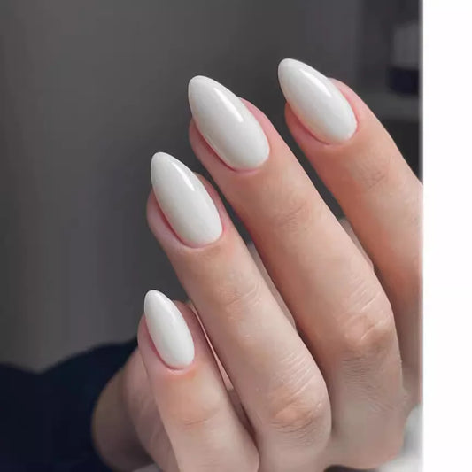 24pcs White Almond Fake Nails Art Simple Solid Color Short Oval False Nail Sets Finished for Woman Reusable Press on Nails Tips