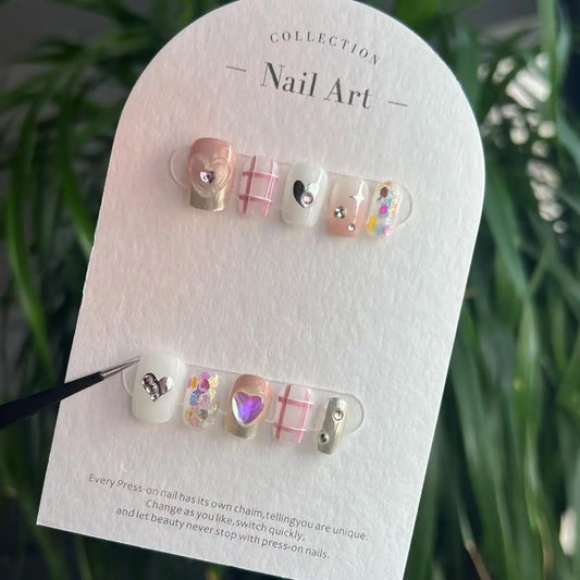 10Pcs Summer Fresh Handmade Nails Tips Set Pink Gradient Rhinestone Artificial False Nails Wearable Ballet Finished Manicure Art