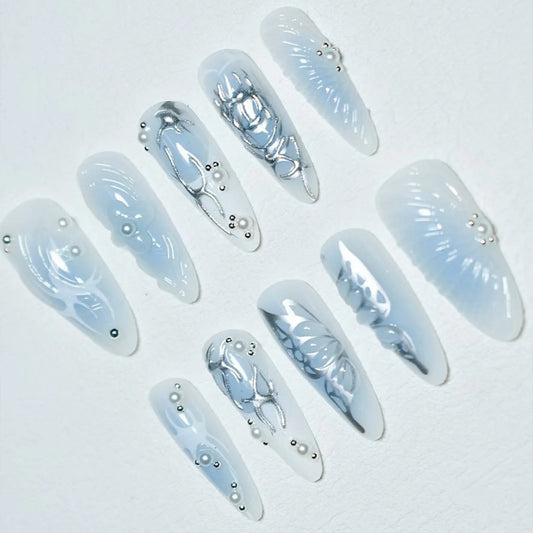 10pcs Punk Style Handmade Press On Nails Flash Rhinestone Textured Almond False Nails 3D Relief Flower Sweet Cool Fake Nail Tips