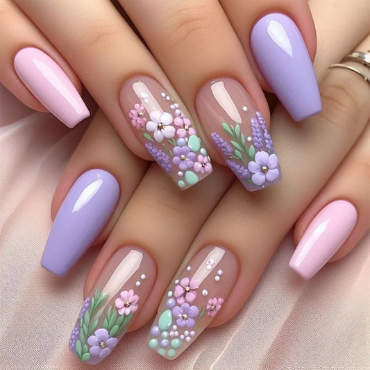 24Pcs Mid-length Ballet Fake Nail Full Cover Yellow Cute Bee Design Art with Glue Wearable French Colorful Flowers Manicure Tips