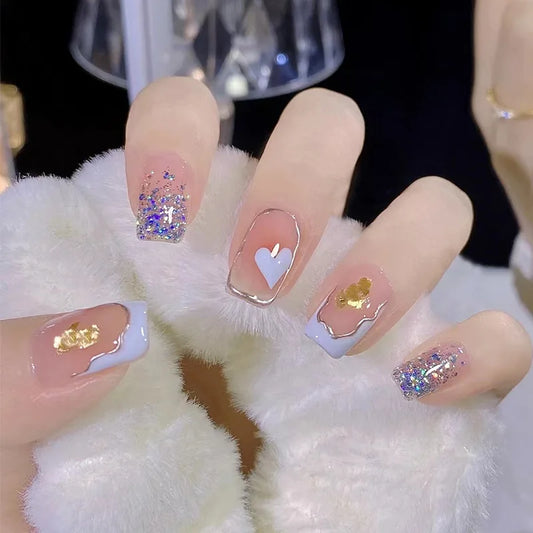 24pcs Short Square Press on Nails Tips Sweet Glitter Love Design Blue Ballet Fake Nail Art Nude Color False Nails Sets Finished