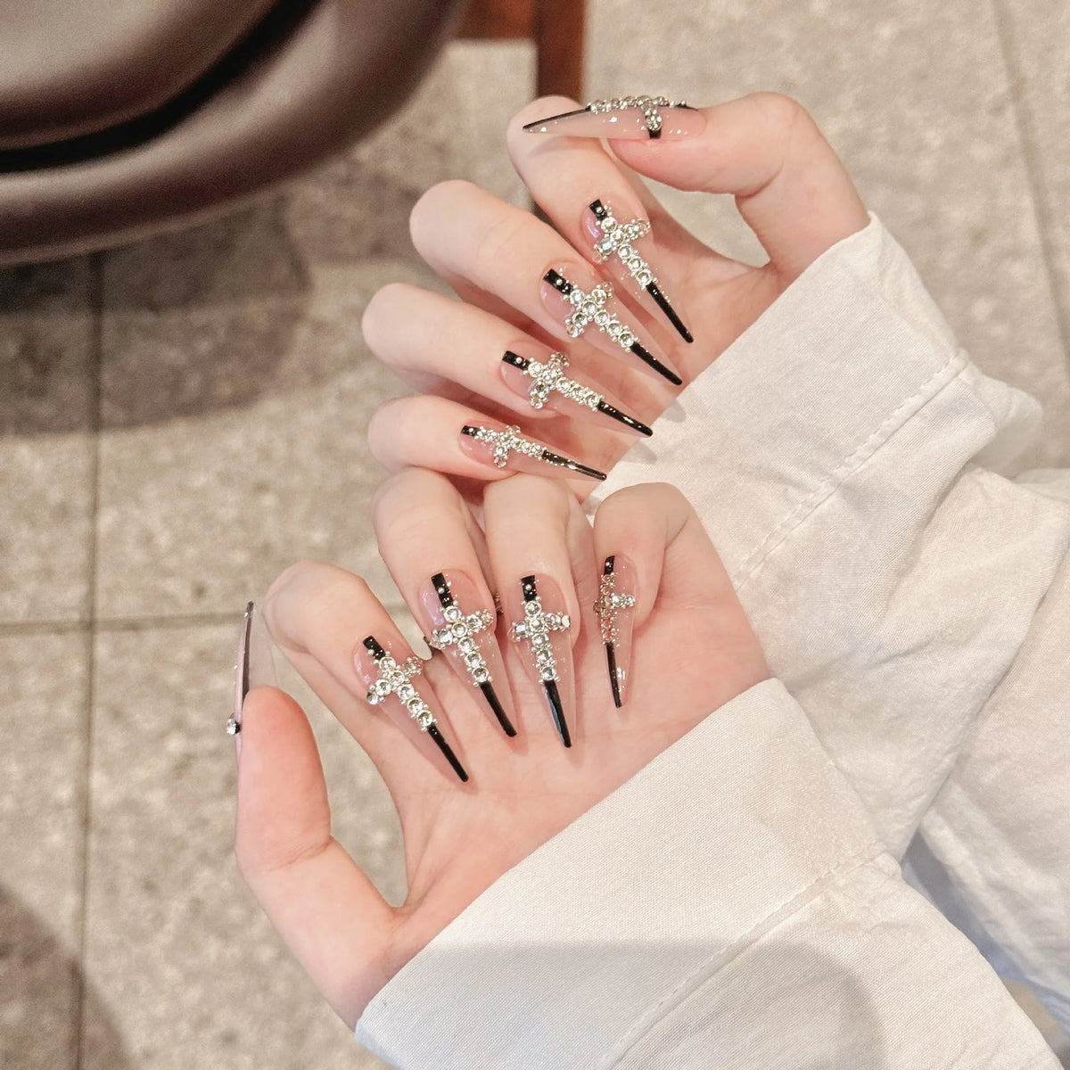 Handmade Nude Color False Nails Dark Cross Flash Rhinestone Steel Ball Press On Nails Detachable Long Stiletto Fake Nail Art