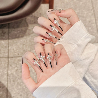 Handmade Nude Color False Nails Dark Cross Flash Rhinestone Steel Ball Press On Nails Detachable Long Stiletto Fake Nail Art