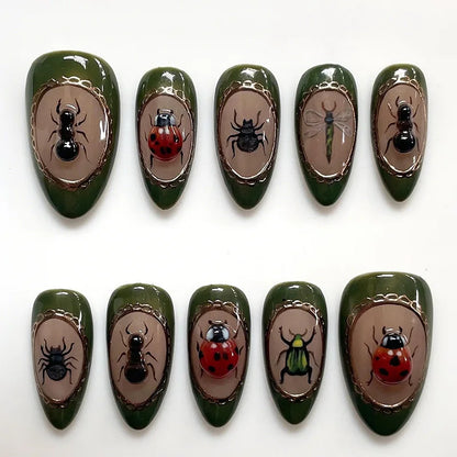 24Pcs Mid-length Almond Press on Fake Nails with Insect Flower Button Design Full Cover Nails Tips Reusable Finished False Nails