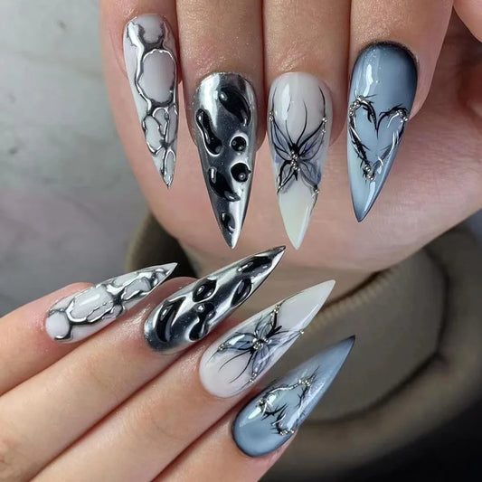 24pcs Black Stiletto Press on Nails Y2k Cat's Eye Design Manicure Pearl Starlight Long Almond False Nails Tip Wearable Fake Nail