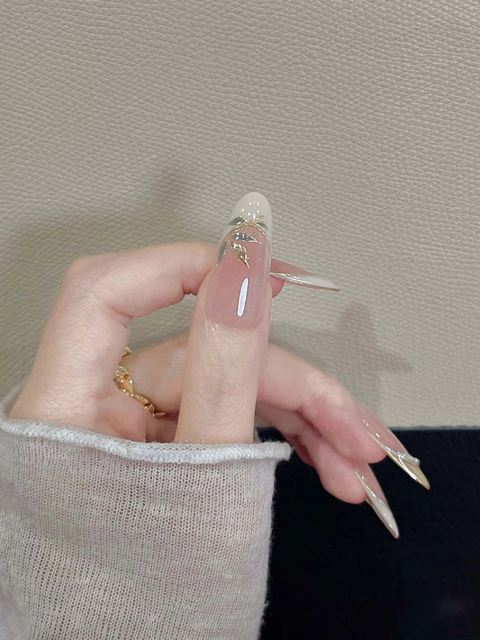 10pcs Handmade Pink Gold Bamboo Press On Nails Long Oval Elegant Fake Nails French Tip Decor False Nail