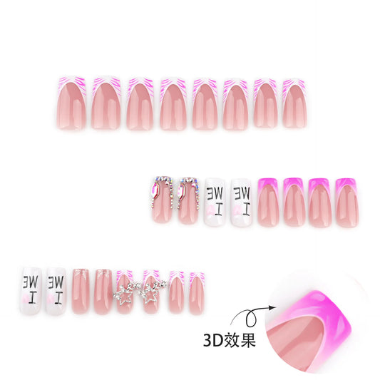 24pcs Flash Diamond False Nails Pink Zebra-Print French Style Press On Nails Star Chain Decor Y2k Valentine's Day Fake Nail