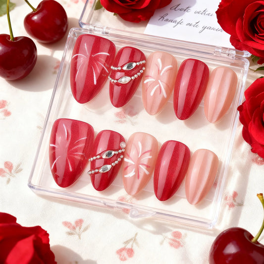 24Pcs Gilded Cat's Eye Design False Nails Press on Cherry Strawberry Fake Nails Mid-length Almond Wearable Full Cover Nails Tips