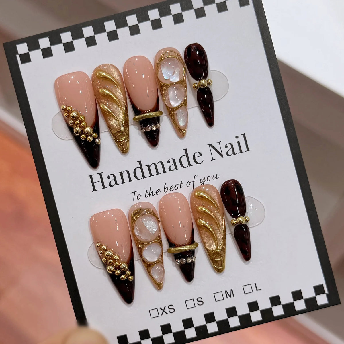 10pcs Long Black French Stiletto Handmade Press on Nails Wearable False Nails with 3D Golden Decorations Spicy Girls Fake Nail