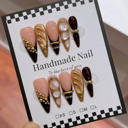 10pcs Long Black French Stiletto Handmade Press on Nails Wearable False Nails with 3D Golden Decorations Spicy Girls Fake Nail