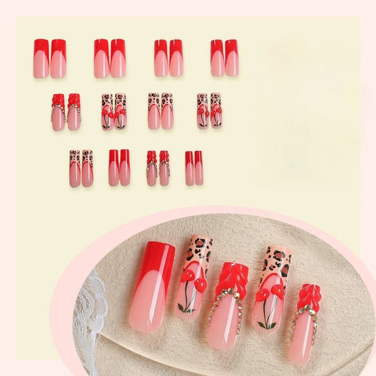 24Pcs Long Square Press on Nails Leopard Print French 3D Cherry Design False Nail Rhinestone Wearable Full Cover Fake Nails Tips