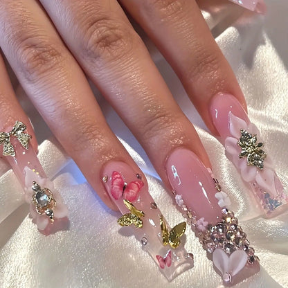 24pcs Long Square False Nail Tips Sweet Pink Nails Sets Press on Butterfly Flower Diamond Design Coffin Fake Nails Art Manicure