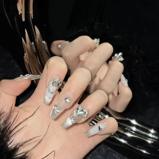10Pcs Long Handmade Press On Nails Full Cover Rhinestone Design French Ballet Cat Eye Fake Nails Wearable Manicure Nail Tips Art