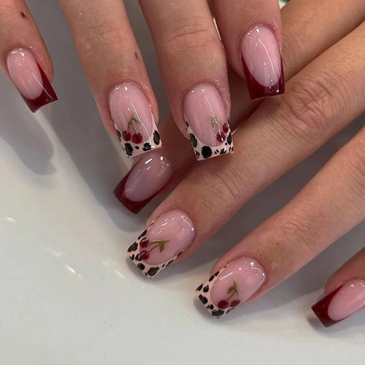 24pcs French Red Press on Nails Sets with Leopard Print Design Stick on Short Ballet Fake Nail Cherry Pattern Square False Nails