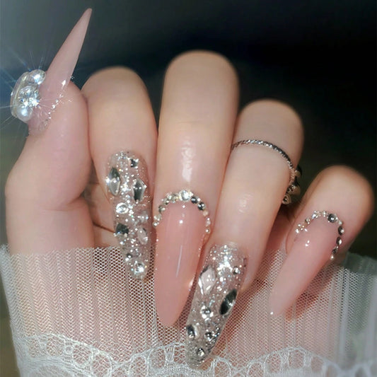 10pcs Light therapy sealing layer Flash drill hand fake nail patch, Long light luxury temperament show white women