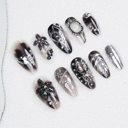 24pcs Vintage Frame Fake Nails Smudging Black Flower Printed Metal Rabbit Decor Press On Nails Punk Style Almond False Nail