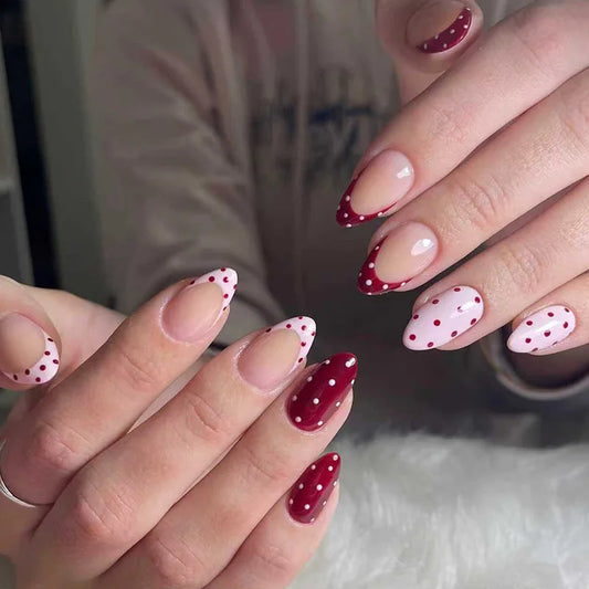 24pcs Red Fake Nail Finished Short Almond Nails Sets Press on With Polka Dot Design False Nails Tips Detachable Oval Manicure