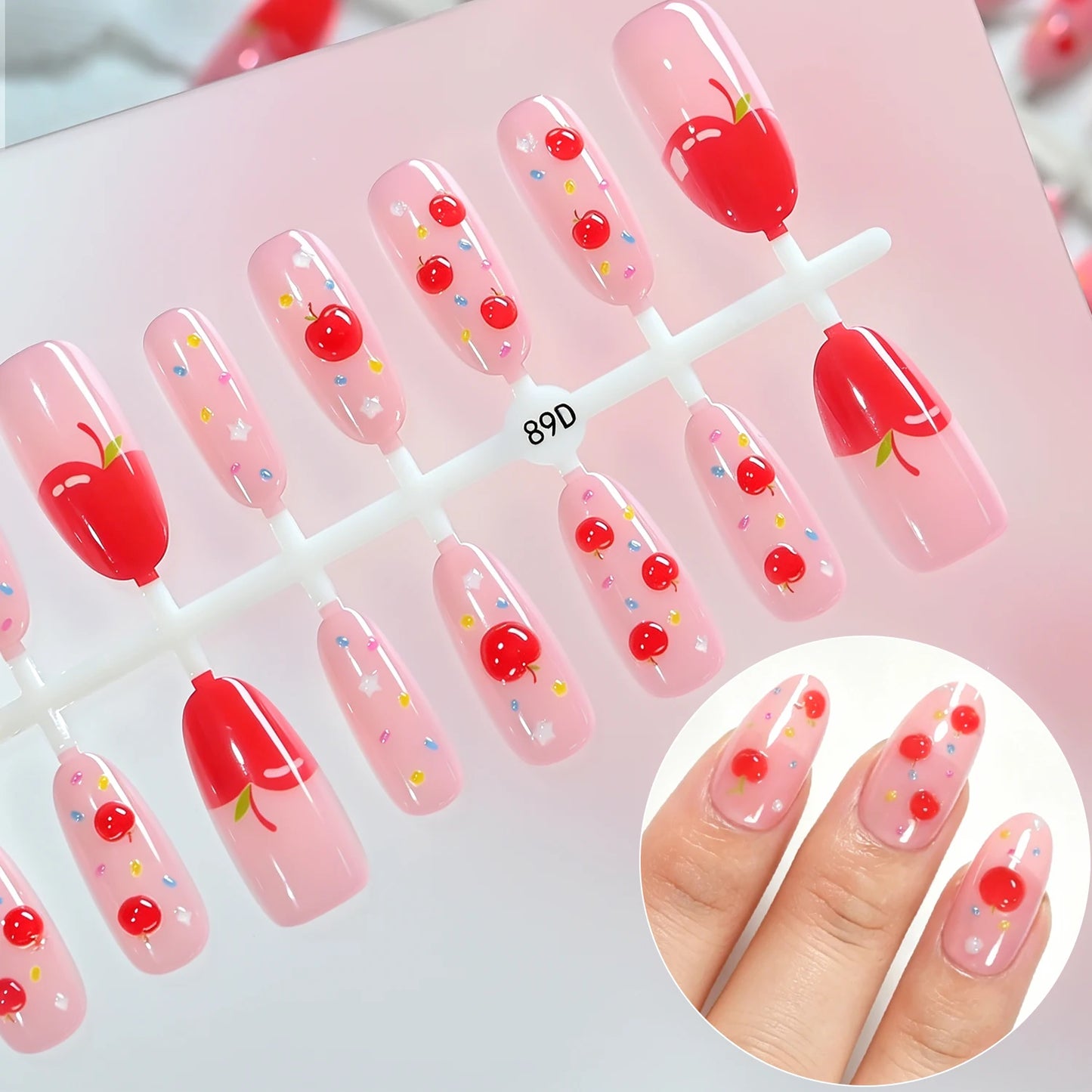 150Pcs Ombre Pink Apple Soft Gel Fake Nail Tips Star Polka Dot Print Almond Press On Nails Summer Fruit Theme False Fingernails