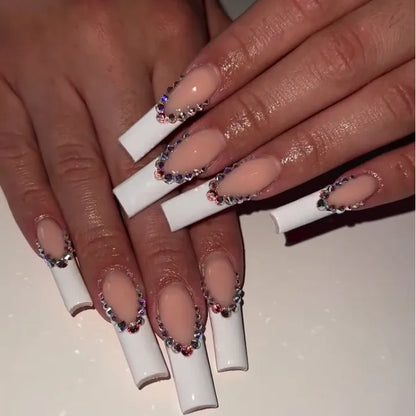 24Pcs Long Square Head French Fake Nail Tips 3D Love Heart Design Press on Nails with Rhinestone Pattern Wearable False Nail Art