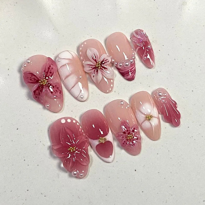 24Pcs French Short Almond Acrylic False Nails Full Cover Flower Pink Sweet Lovely Finished Nail Set Wearable Artificial Manicure