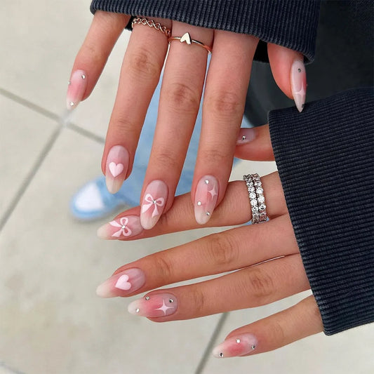 24pcs French Fake Nails Finished Almond Nails Set with Pink White Bow Design False Nail Art Simple Detachable Press on Nail Tips