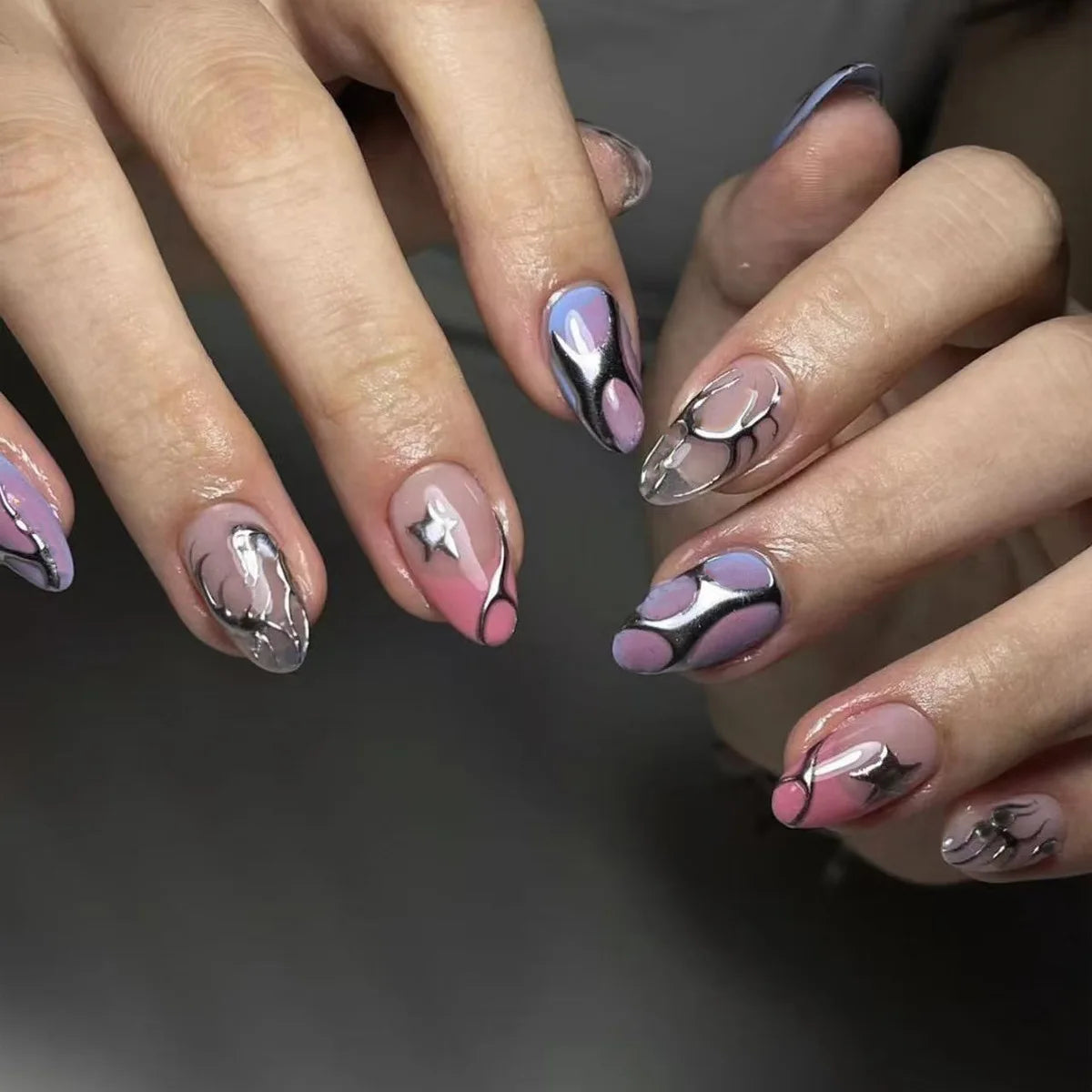 Solstice – Green Cat Eye French Short Almond Press-On Nails